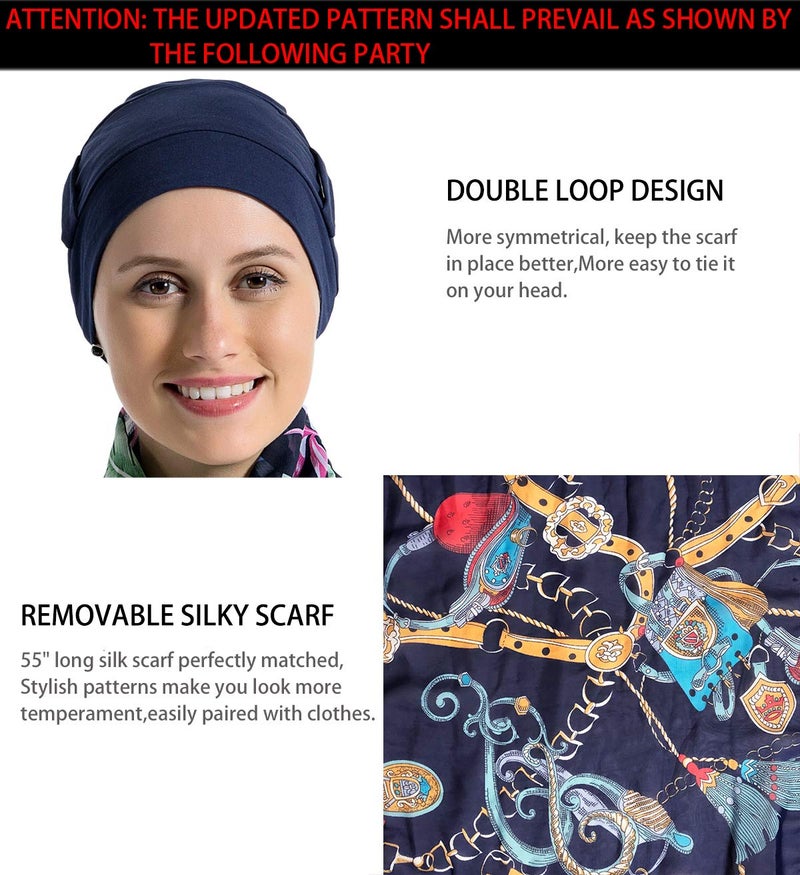 JarseHera Bamboo Cotton Liner Chemo Headwear for Womenwith Silky Scarfs for Cancer Hair Loss Sleep Caps Beanie (Black+Navy Blue,2 Pair, One Size Fit Most) - Image 4